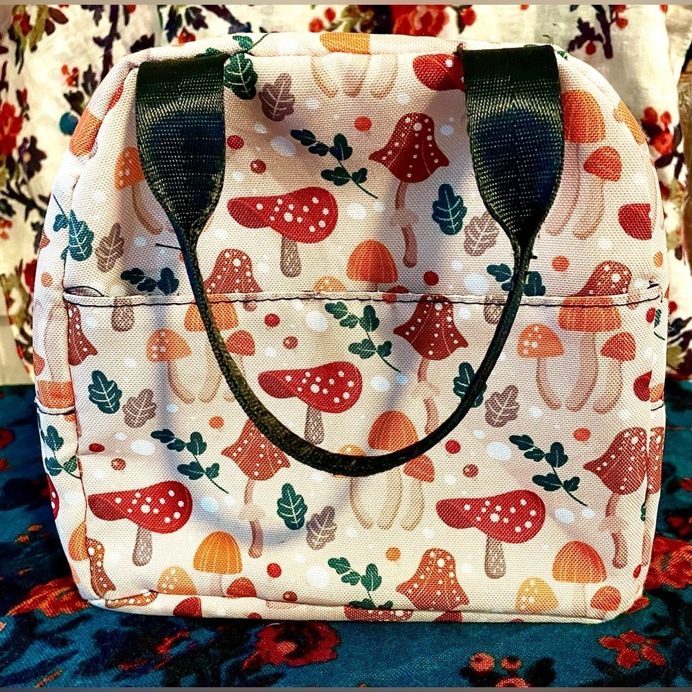 Insulated Lunch Picnic Bag Mushroom Print Red Beige Orange Lunchbox Cooler Tote - Picture 7 of 14